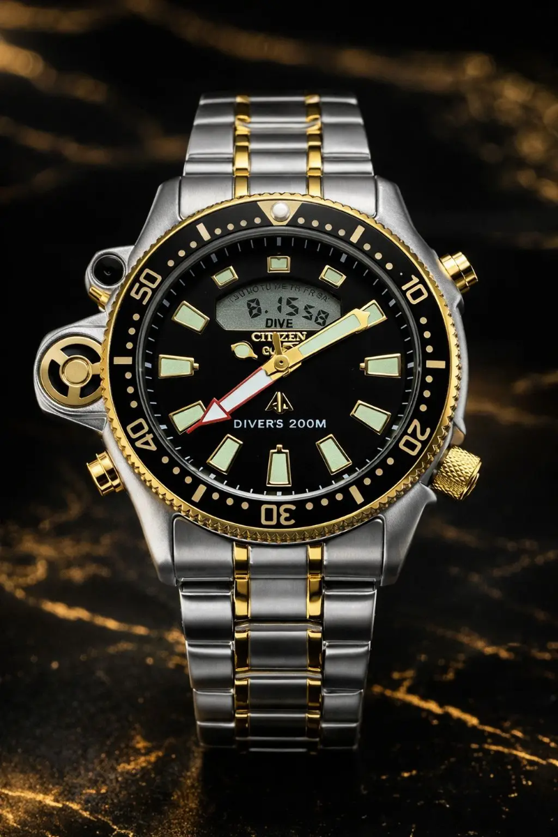 MEGA PROMOÇÃO Relógio Citize Promaster Aqualand Aço Inox Prata Detalhes Dourado Mostrador Preto 100% Funcional Digital e Analógico Luxo e Destaque + FRETE GRÁTIS