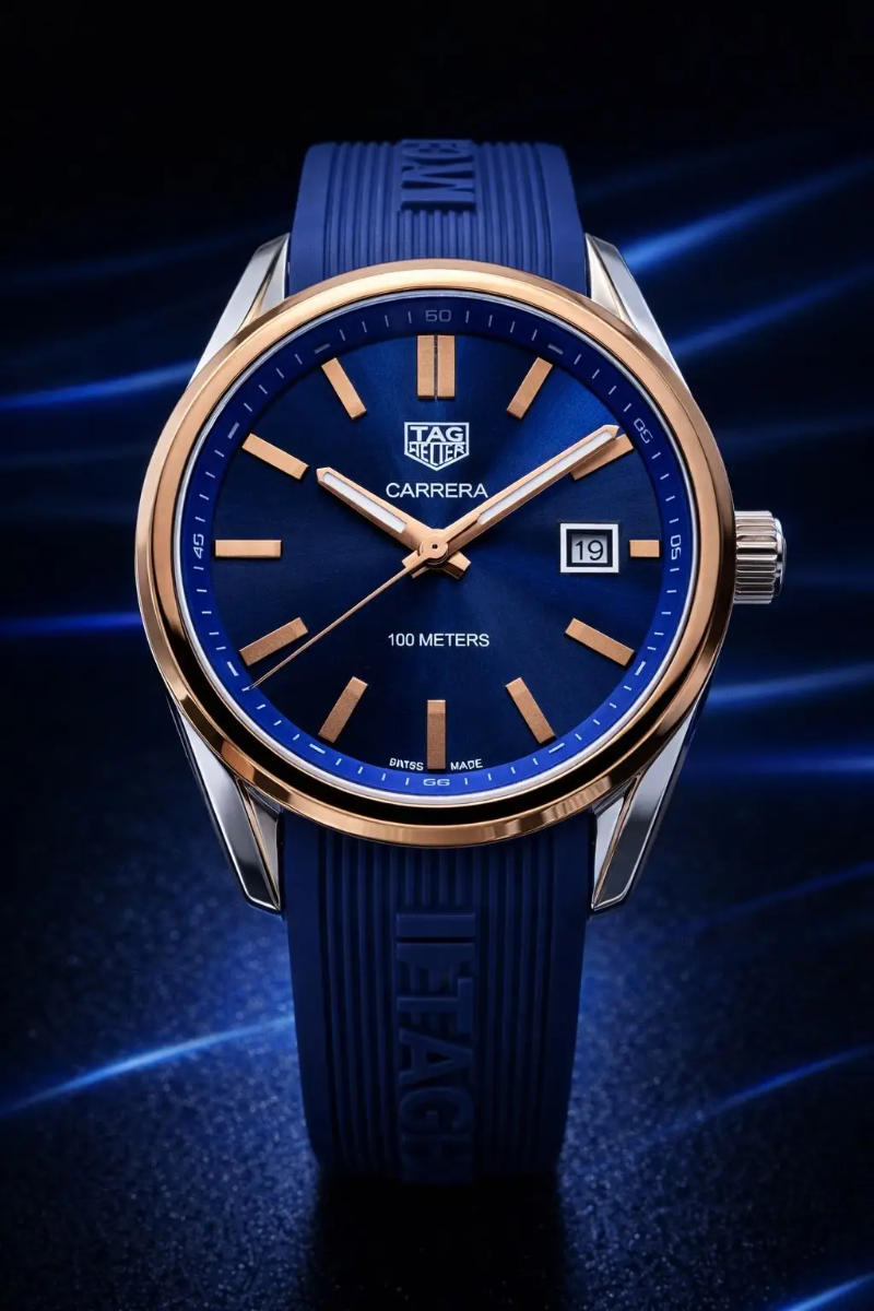 MEGA PROMOÇÃO Relógio Tag Carrera Pulseira Azul Caixa com Detalhes Bronze Extremamente Luxuoso e de Destaque + FRETE GRÁTIS