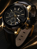 MEGA NOVIDADE COM PROMOÇÃO Relógio GC Preto Detalhes Dourado Luxuoso Funcional Pulseira Couro Sofisticação e Destaque + FRETE GRÁTIS