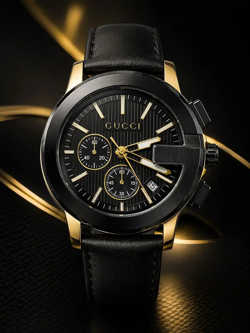 MEGA NOVIDADE COM PROMOÇÃO Relógio GC Preto Detalhes Dourado Luxuoso Funcional Pulseira Couro Sofisticação e Destaque + FRETE GRÁTIS