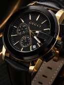 MEGA NOVIDADE COM PROMOÇÃO Relógio GC Preto Detalhes Dourado Luxuoso Funcional Pulseira Couro Sofisticação e Destaque + FRETE GRÁTIS