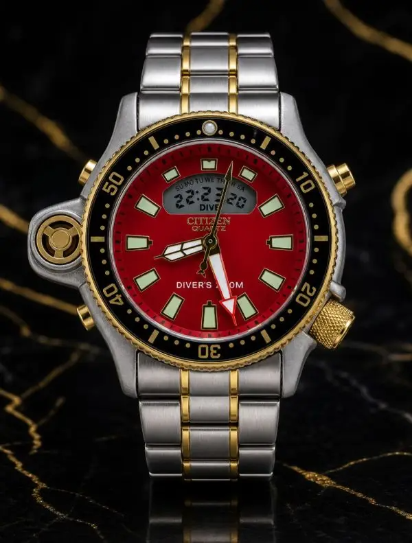 MEGA PROMOÇÃO Relógio Citize Promaster Aqualand Aço Inox Prata Detalhes Dourado Mostrador Vermelho 100% Funcional Digital e Analógico Luxo e Destaque + FRETE GRÁTIS